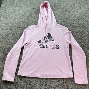 Adidas Essentials Hoodie Womens Small Pink Camo Print Logo Sweatshirt FLAW
